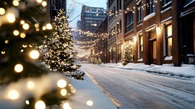 A street lined with trees and lights in the winter photo