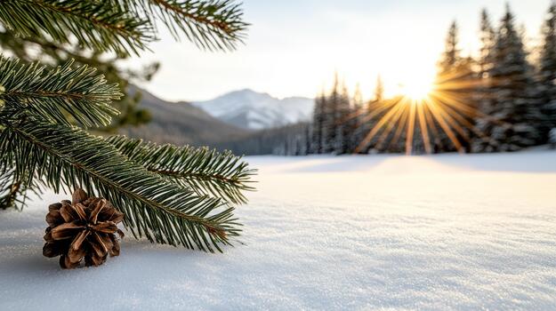 A pine tree and snow covered ground with the sun shining photo