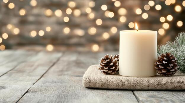 Christmas candle and pine cones on wooden table with bokeh lights photo