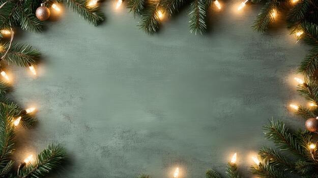 Christmas frame with fir branches and christmas lights on a dark background photo
