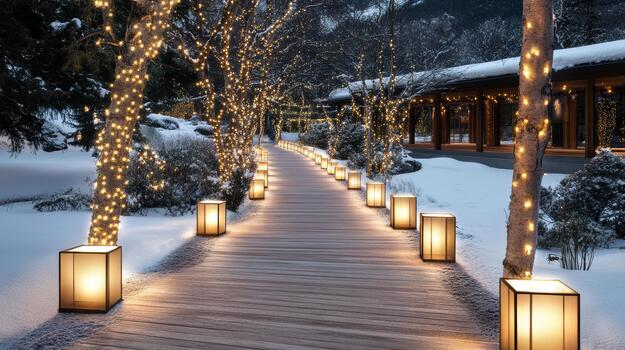 A walkway lined with lights and trees in the snow photo