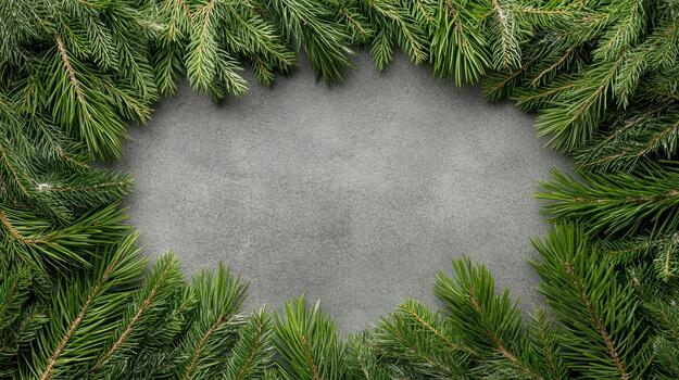 Christmas wreath frame with green fir branches on concrete background photo