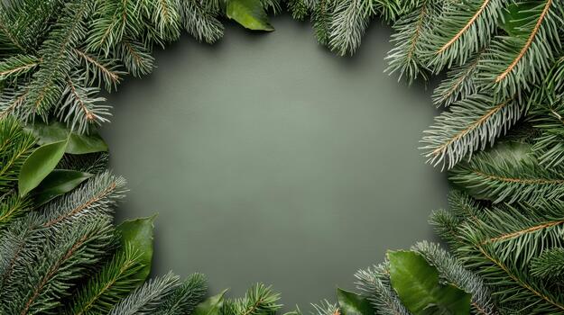 Christmas wreath frame with green fir branches and leaves on a black background photo