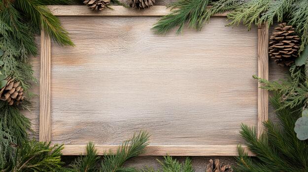 de madera marco con hojas perennes ramas y pino conos en un rústico antecedentes foto
