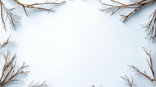 Winter frame with branches and snow on white background photo