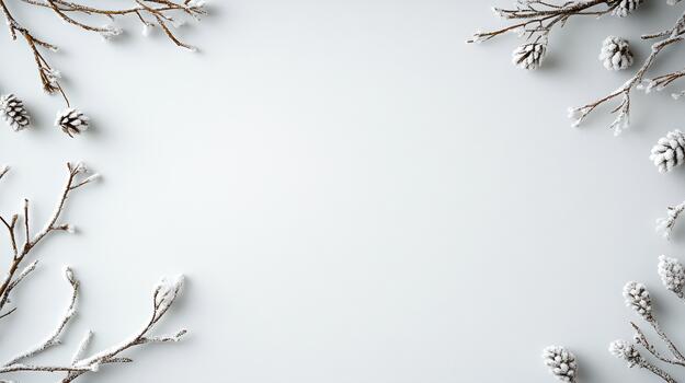 Winter christmas frame with snow and pine cones on white background photo