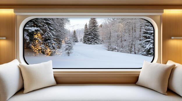 A window in a train car with a view of a snowy forest photo