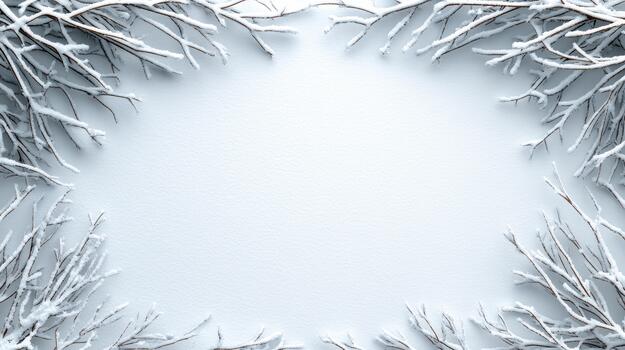 Winter background with snow covered branches and a white frame photo