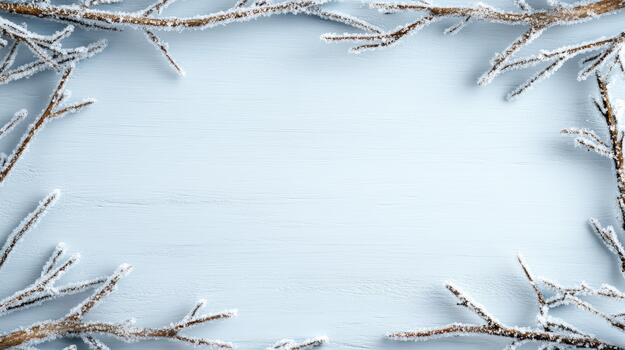 Winter frame with frosty branches on a blue wooden background photo