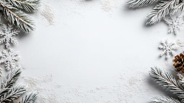 Christmas frame with snowflakes and pine cones on white background photo