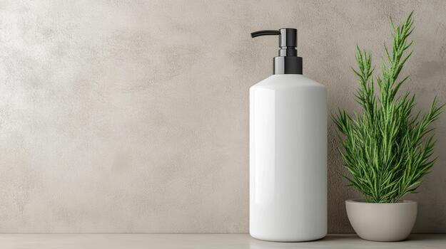 White bottle with soap and plant on concrete wall 3d rendering photo