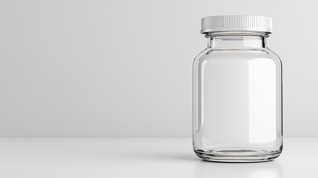 A clear glass bottle with a white cap on a table photo