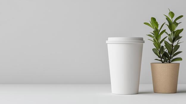 White paper cup with plant on grey background 3d rendering photo