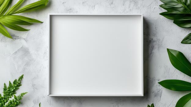 Blank white square frame on a marble background with green leaves photo