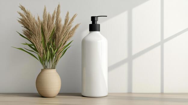 A bottle of soap and a vase of reeds on a wooden table 3d rendering photo