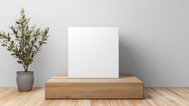 A blank white square on a wooden stand in front of a plant photo