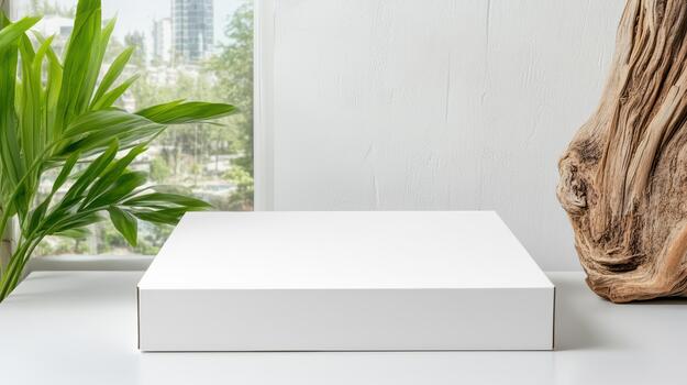 White box mockup on a table with a plant photo