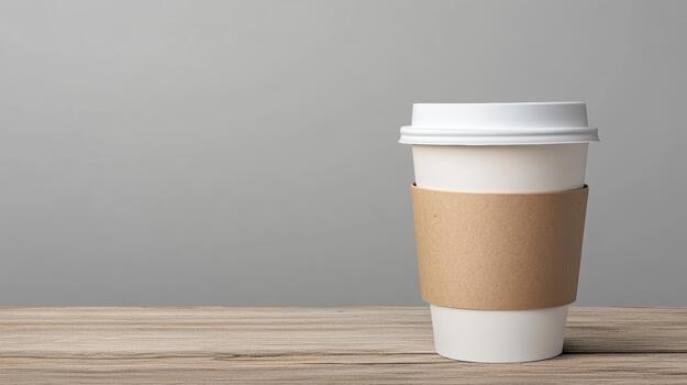 A coffee cup with a paper wrapper on a wooden table photo