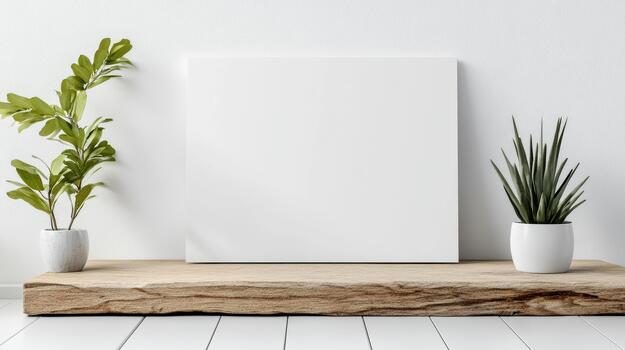 Mock up of blank canvas on wooden shelf with potted plant in white room 3d render photo