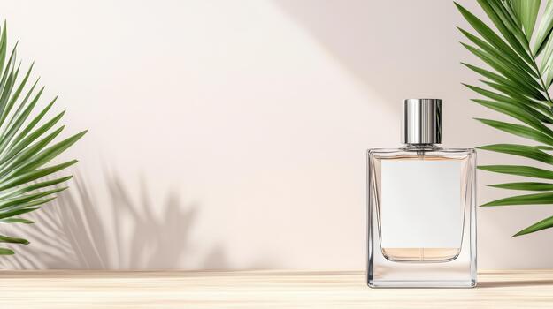 Perfume bottle with palm leaves on wooden table 3d render photo