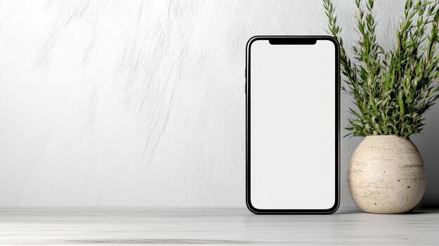 Mockup of smartphone with blank screen and plant on white background 3d rendering photo