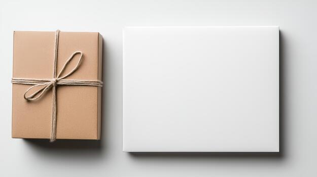 Blank white paper with brown paper box on white background photo