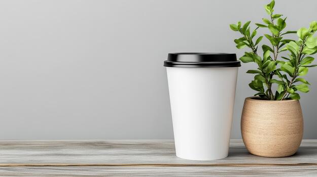 Coffee cup and plant on wooden table with copy space 3d render photo