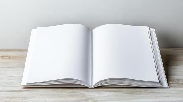 Open book on wooden table with white background photo