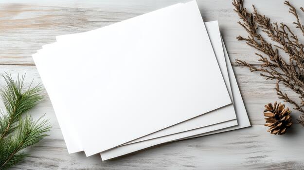 Blank white paper on a wooden table with pine cones and branches photo