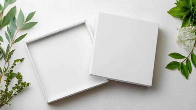 Two empty white boxes on a white table with green leaves photo