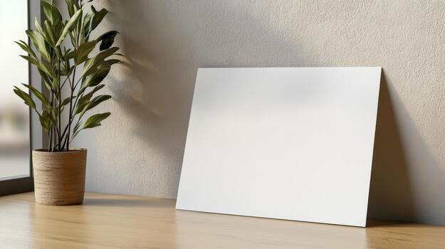 A blank square on a table next to a potted plant photo