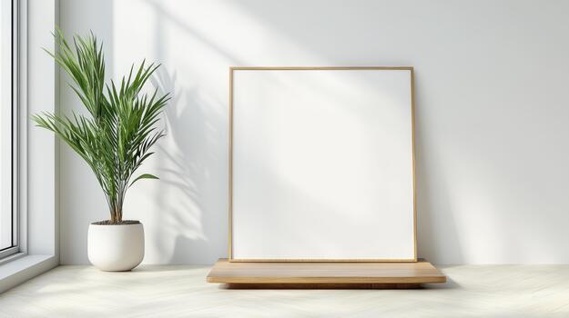 A blank frame in front of a window with a plant photo