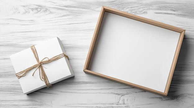 Blank white box with white paper and twine on wooden table photo
