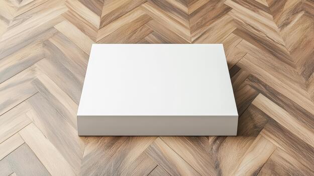 White rectangular box mockup gently floating herringbone wood floor with soft shadow photo