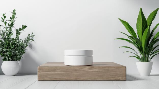 White skincare container on wooden block with green potted plants, minimal calm setting photo