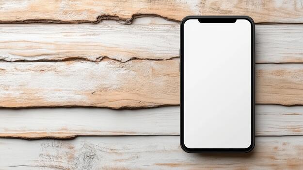 White sleek smartphone mockup blank fullscreen panel on rustic wooden background, minimal mood photo