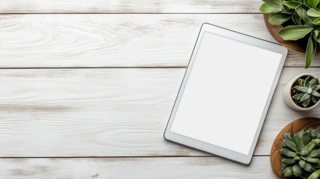 White tablet on wooden desk with succulent plants creating calm workspace photo