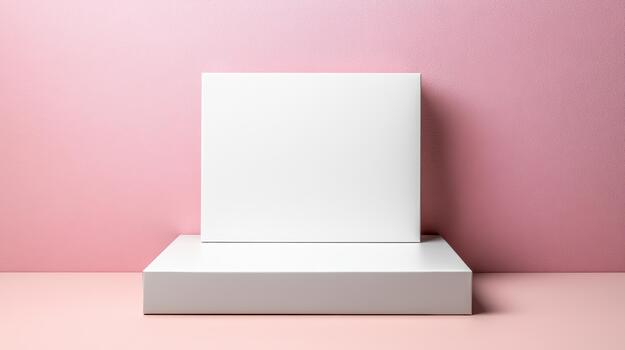 White product display box on pink background with soft shadow and minimal mood photo