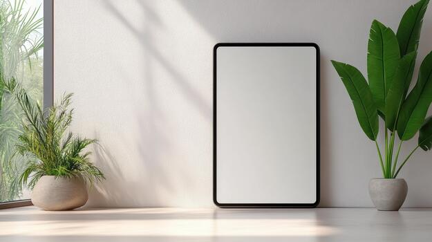 Minimal wall mirror mockup leaned on floor with potted plants and soft sunlight photo