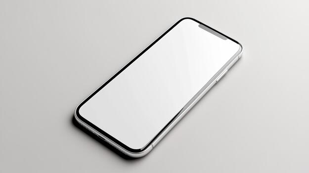 White smartphone mockup angled flat surface with bright minimal reflection, sleek modern device photo