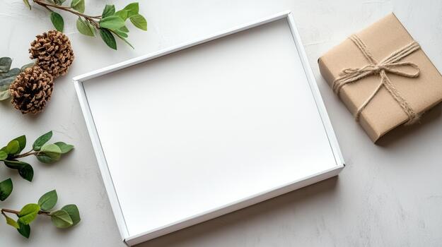 White sliding drawer box mockup with gift and pine cone on textured surface, minimal cozy scene photo