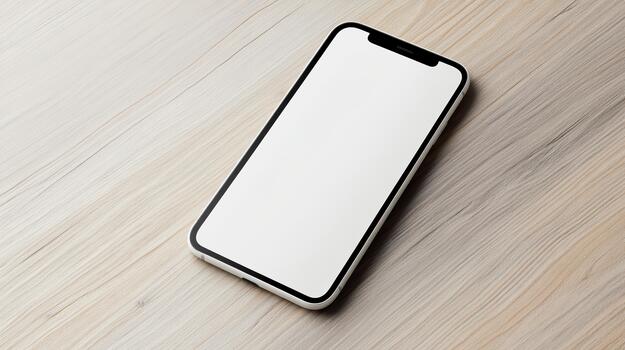White smartphone mockup angled on wood table, minimal modern tech scene with calm lighting photo