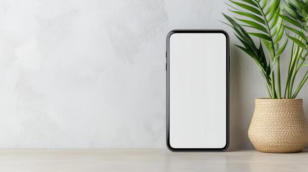 Blank smartphone mockup on tabletop with potted plant creating calm minimalist scene photo