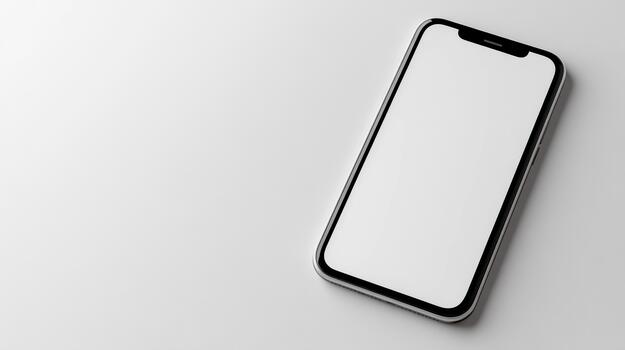 White smartphone mockup angled blank screen minimal desk scene bright lighting calm mood photo