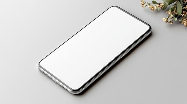 White smartphone mockup angled blank screen with soft shadow and dried flowers photo