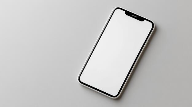 White smartphone mockup angled dynamic pose blank screen with soft shadow, minimal aesthetic photo