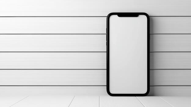 White smartphone mockup centered front view on wooden slat background, minimal modern scene photo