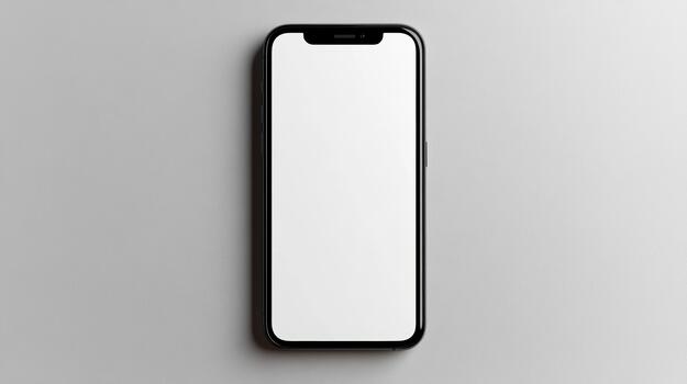 Blank smartphone mockup centered front view with soft shadow and minimal gray background photo