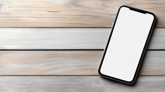 White smartphone mockup blank screen on wooden table with soft natural light, minimal calm photo