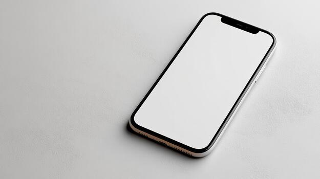 White smartphone mockup blank screen lying on textured surface, minimal modern tech mood photo